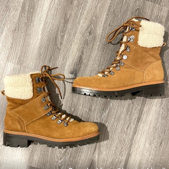 Marc Fisher Isalia Suede Lace Up Shearling Combat Boots Brown Tan 10 - Picture 2 of 8